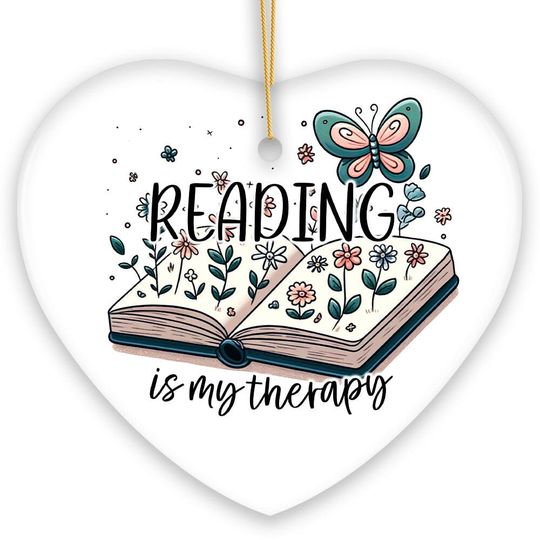 Discover Reading is my Therapy Whimsical Ceramic Ornament, Book Lovers Christmas Gift
