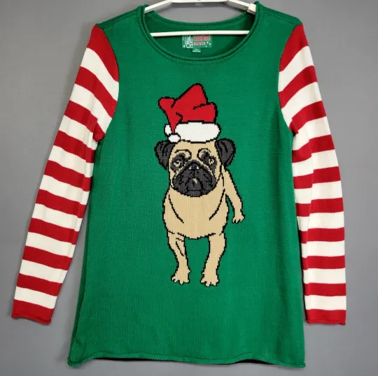Discover Ugly Christmas Sweater Womens Large Green Pug Santa Hat Striped Sleeves
