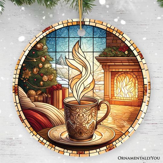 Discover Coffee Illustration Stained Glass Style Ceramic Ornament, Christmas Gift and Decor