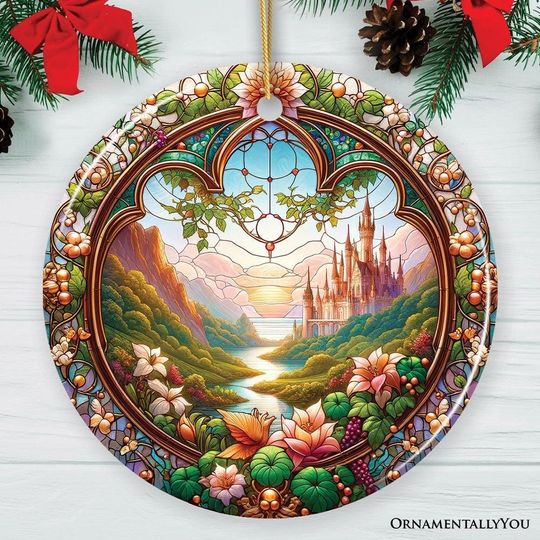 Discover Castle Art with Lush Forest Stained Glass Style Ceramic Ornament, Christmas Gift and Decor