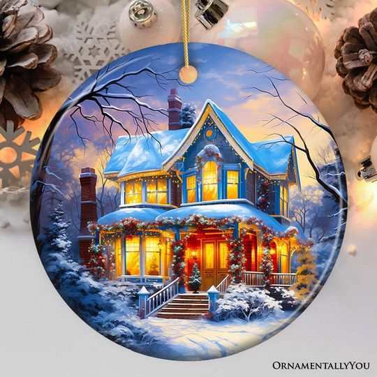 Discover Glowing Winter Night Painting Ceramic Ornament, Warm and Inviting Christmas Tree Decor