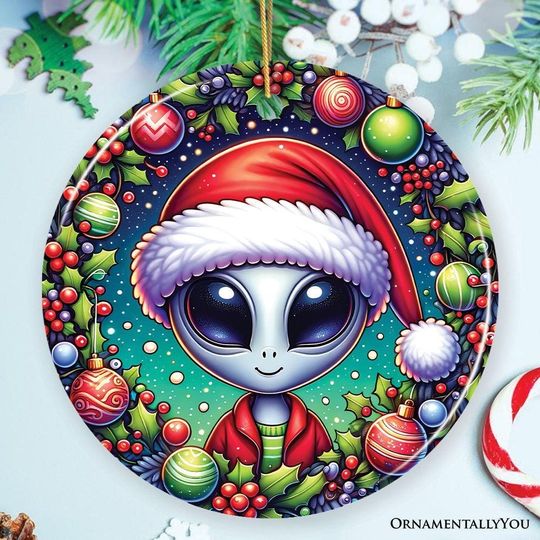 Discover Galactic Winter Alien Ceramic Ornament, Festive Christmas Space Gift and Decor