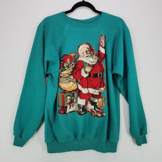 Vintage Unique Ugly Christmas Sweater Large Teal Classic Santa Claus Pullover
