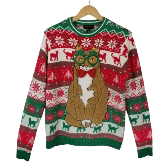 Discover Blizzard Bay Women's Cat Ugly Christmas Sweater Green Red Size Medium