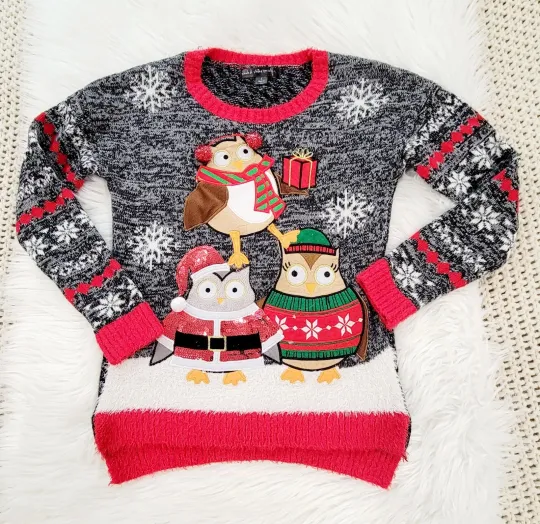 Discover Women's Ugly Christmas Sweater Owls Holiday Festive Winter Top Size Small