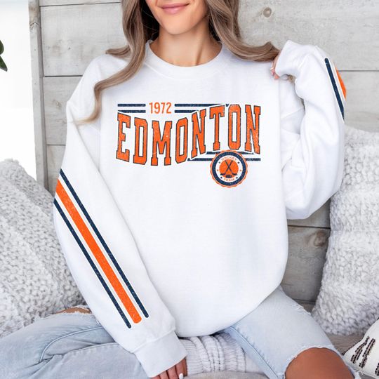 Discover Edmonton Hockey Vintage Crewneck Sweatshirt, Retro Oiler Hockey Team Sweatshirt, Unisex Sleeve Print Distressed Hockey Shirt, Hockey Fan