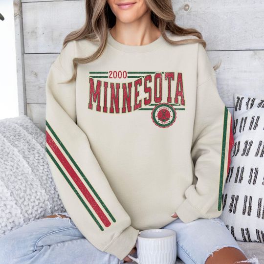 Discover Minnesota Hockey Vintage Crewneck Sweatshirt, Retro Wild Hockey Team Sweatshirt, Unisex Sleeve Print Distressed Hockey Shirt, Hockey Fan