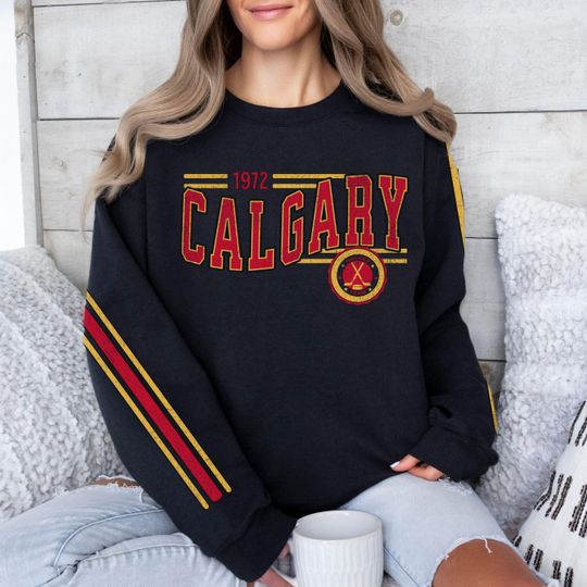Discover Calgary Hockey Vintage Crewneck Sweatshirt, Retro Flame Hockey Team Sweatshirt, Unisex Sleeve Print Distressed Hockey Shirt, Hockey Fan Gift
