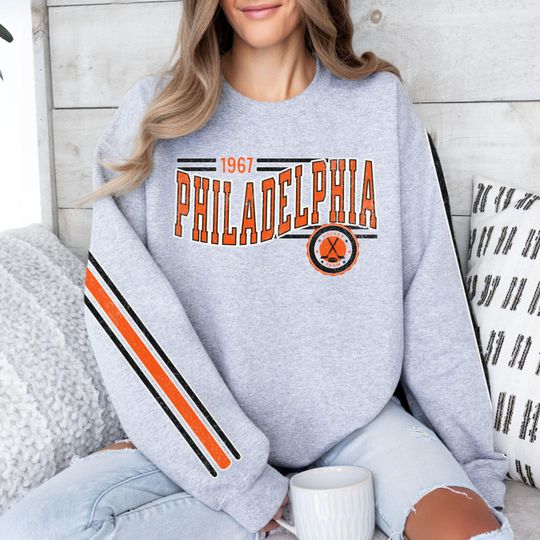 Discover Philadelphia Hockey Vintage Crewneck Sweatshirt, Retro Flyer Hockey Team Sweatshirt, Unisex Sleeve Print Distressed Hockey Shirt, Hockey Fan