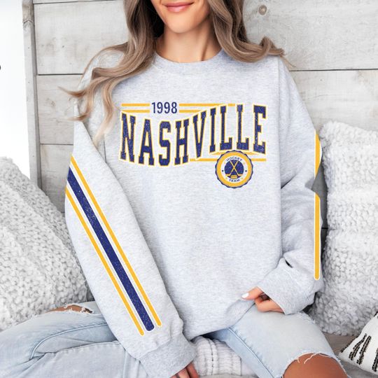 Discover Nashville Hockey Vintage Crewneck Sweatshirt, Retro Predator Hockey Team Sweatshirt, Unisex Sleeve Print Distressed Hockey Shirt, Hockey Fan