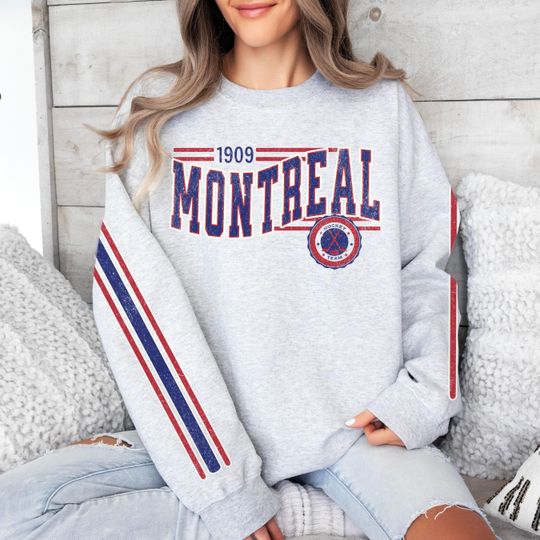 Discover Montreal Hockey Vintage Crewneck Sweatshirt, Retro Canadien Hockey Team Sweatshirt, Unisex Sleeve Print Distressed Hockey Shirt, Hockey Fan