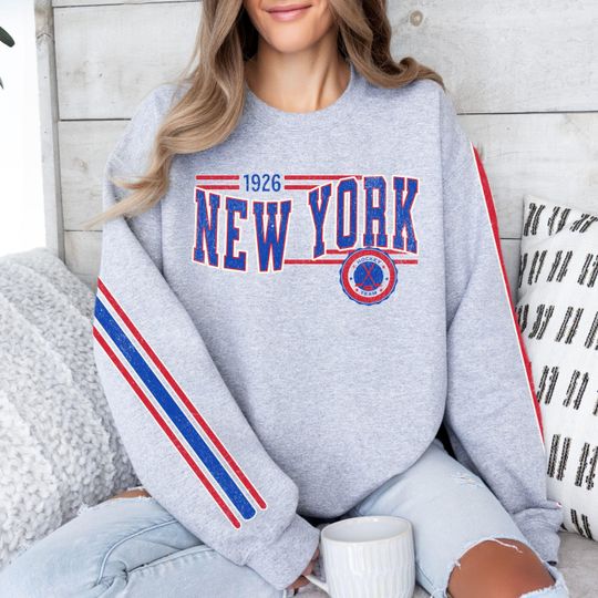 Discover New York Hockey Vintage Crewneck Sweatshirt, Retro Ranger Hockey Team Sweatshirt, Unisex Sleeve Print Distressed Hockey Shirt, Hockey Fan
