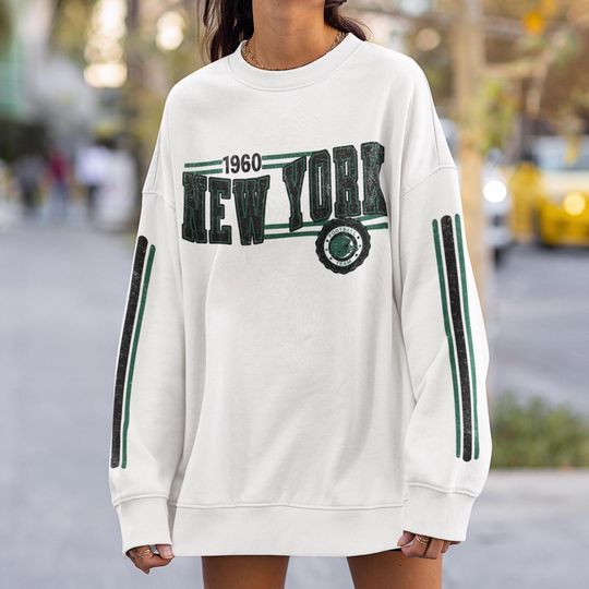 Discover New York Football Retro Crewneck Sweatshirt, Jet Retro Stripe Sleeve Sweatshirt, NY Jet Unisex Shirt, Game Day Shirt, New York Jet Fan Gift