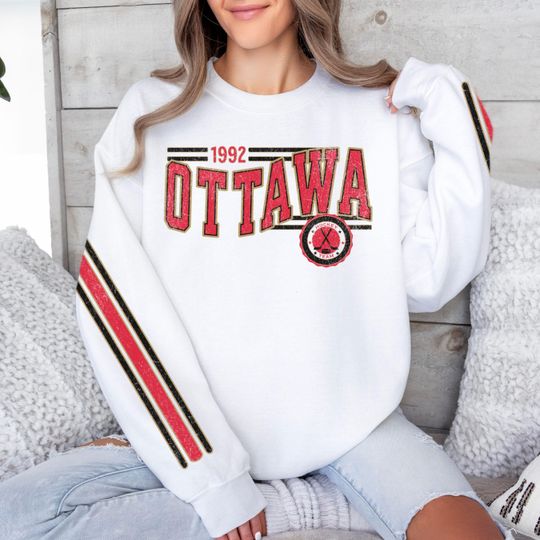 Discover Ottawa Hockey Vintage Crewneck Sweatshirt, Retro Senator Hockey Team Sweatshirt, Unisex Sleeve Print Distressed Hockey Shirt, Hockey Fan