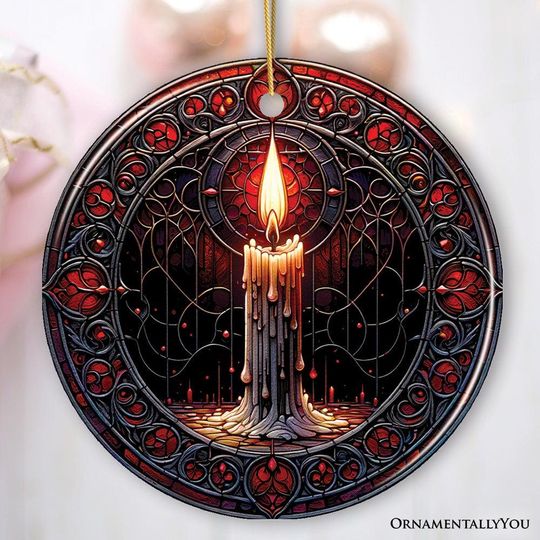 Discover Candlelight for a Spine-Chilling Ambiance Stained Glass Style Ceramic Ornament, Halloween Themed Christmas Gift and Decor