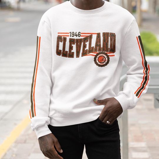 Discover Cleveland Football Retro Crewneck Sweatshirt, Brown Retro Stripe Sleeve Sweatshirt, Cleveland Unisex Shirt, Game Day Shirt, Brown Fan Gift