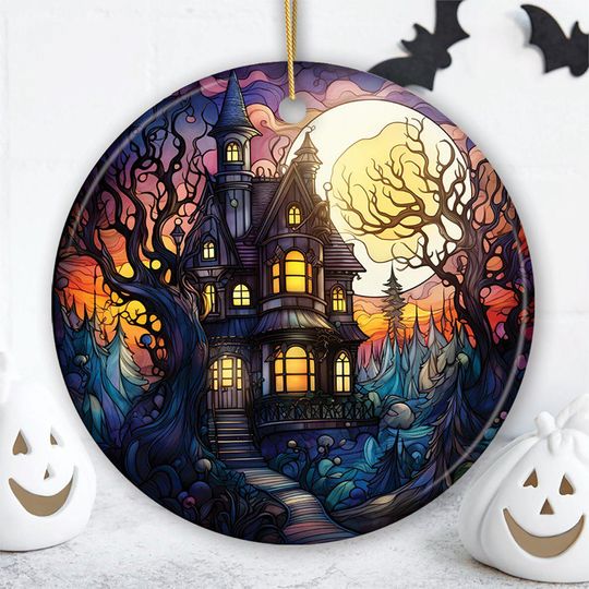 Haunted House Amidst Spooky Woods Stained Glass Style Ceramic Ornament