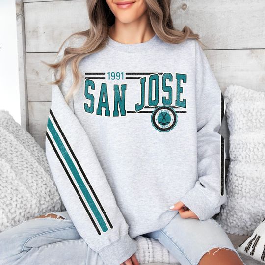 San Jose Hockey Vintage Crewneck Sweatshirt, Retro Shark Hockey Team Sweatshirt, Unisex Sleeve Print Distressed Hockey Shirt, Hockey Fan