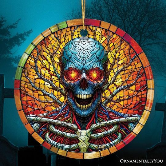 Discover Red-Eyed Skeleton for Halloween Frights Stained Glass Style Ceramic Ornament, Halloween Themed Christmas Gift