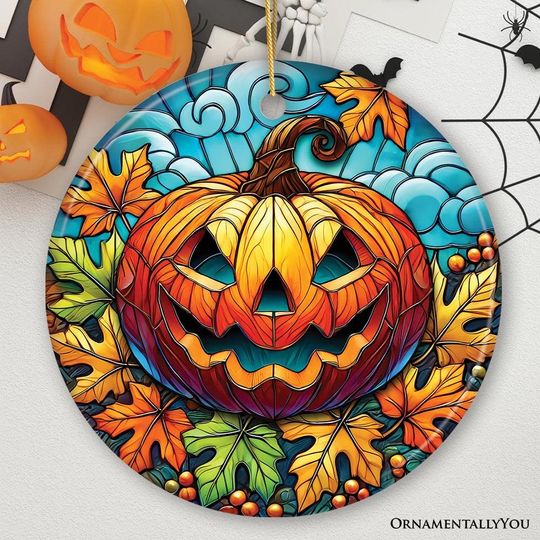 Discover Pumpkin Spice and Crispy Leaves Stained Glass Style Ceramic Ornament, Halloween Themed Christmas Gift and Decor