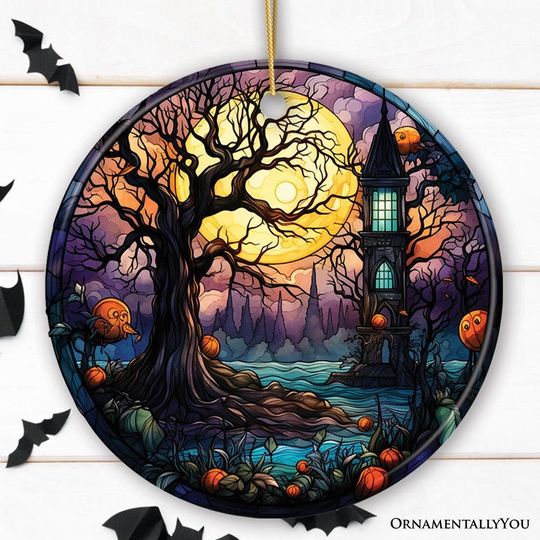 Spooky Tree & Haunted House Stained Glass Style Ceramic Ornament