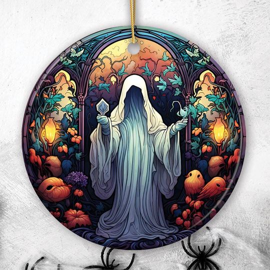 Discover Spectral Shivers Hauntingly Scary Ghost Stained Glass Style Ceramic Ornament, Halloween Themed Christmas Gift