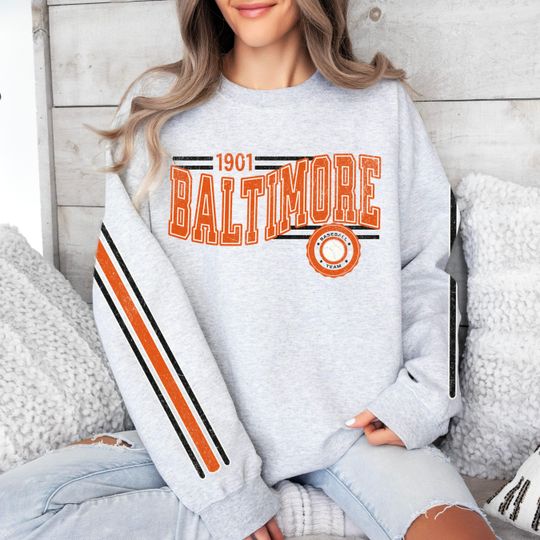 Discover Baltimore Baseball Vintage Retro Sweatshirt, Unisex Oriole Sleeve Print Crewneck, Throwback Style Sweatshirt, Gift for Baseball Fans