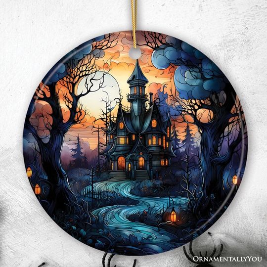 Discover Dark and Gloomy Haunted House Stained Glass Style Ceramic Ornament