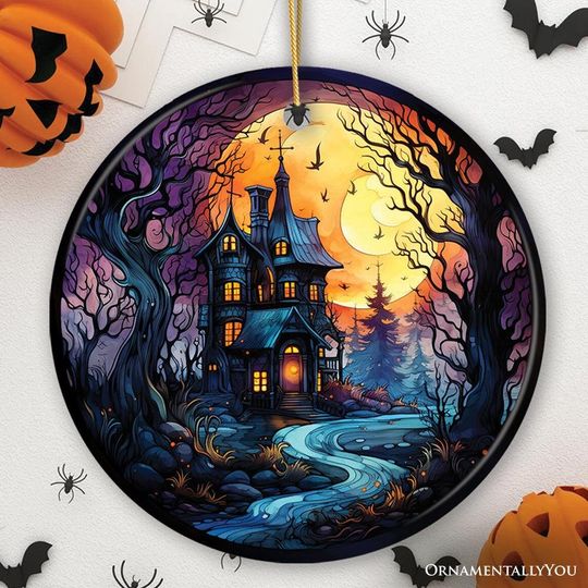 Discover Eerie Abode Amidst Spooky Trees Stained Glass Style Ceramic Ornament, Halloween Themed Christmas Gift and Decor