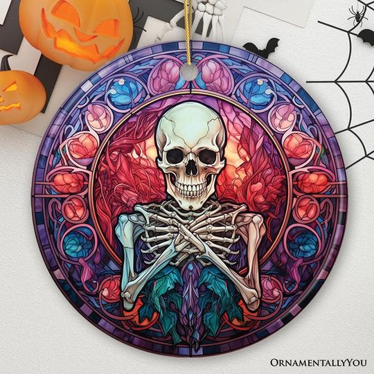 Discover Ghastly Grins Haunted Halloween Skeleton Stained Glass Style Ceramic Ornament, Halloween Themed Christmas Gift