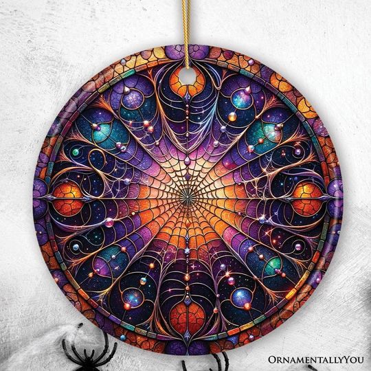Whispering Shadows Enchanted Cobweb Stained Glass Style Ceramic Ornament
