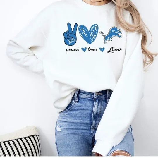 Detroit Lions Peace Love Lions White Football Sweatshirt