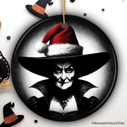 Discover Spooky Witch with Santa Hat Ceramic Ornament, Halloween Themed Christmas Gift and Decor