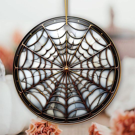 Discover Golden Arachnid Haunt Intricate Spider Web Stained Glass Style Ceramic Ornament, Halloween Themed Christmas Gift and Decor