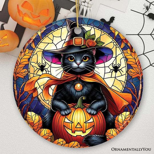 Discover Enchanted Cat Witch Stained Glass Style Ceramic Ornament, Halloween Themed Christmas Gift and Decor