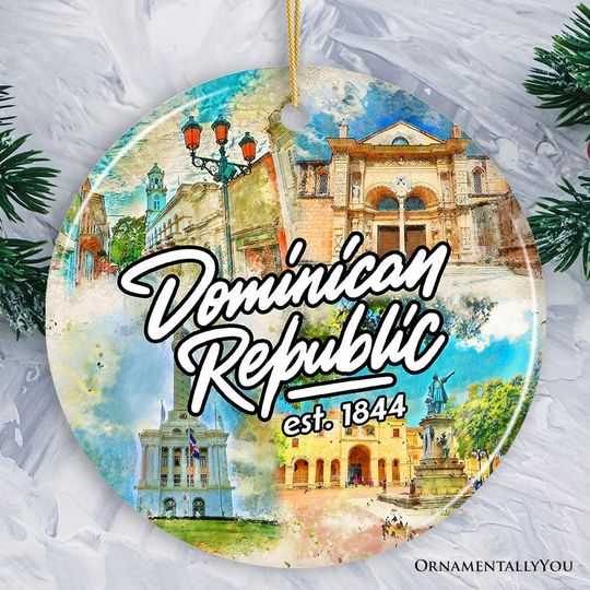 Discover Illustrated Tropical Dominican Republic Ceramic Ornament, Caribbean Travel Souvenir and Christmas Gift