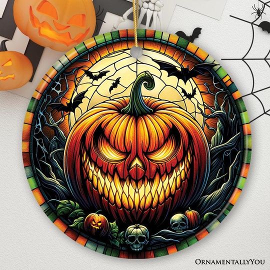 Discover Grim Grinning Gourd Pumpkin Decor Stained Glass Style Ceramic Ornament, Halloween Themed Christmas Gift