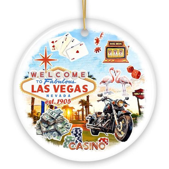 Discover Artistic Las Vegas Collage Art Ceramic Ornament, Slot Machines Cards and Casino Travel Souvenir