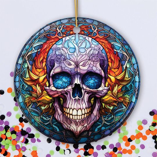 Grim Guardian Haunting Skull Stained Glass Style Ceramic Ornament