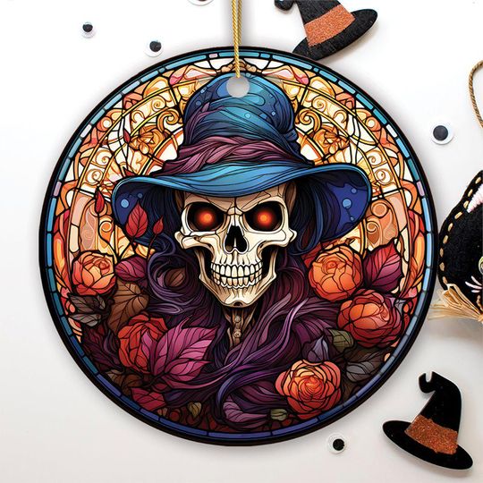 Elegant Skull with Blue Hat Stained Glass Style Ceramic Ornament
