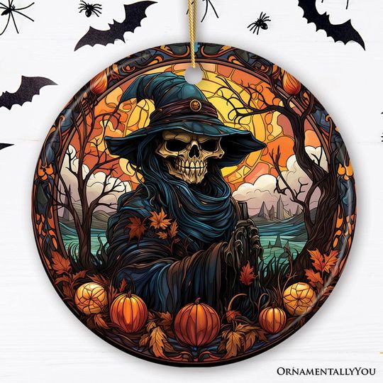 Bewitching Skeletal Sorcery Stained Glass Style Ceramic Ornament