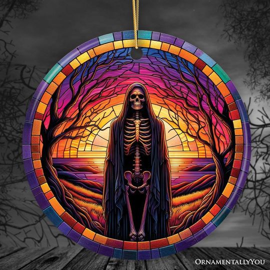 Bony Fright Halloween Skeleton Decor Stained Glass Style Ceramic Ornament