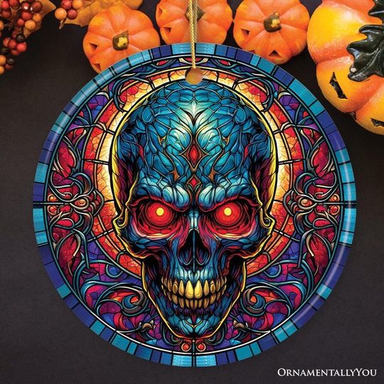 Discover Bone-Chilling Spooky Skull Stained Glass Style Ceramic Ornament, Halloween Themed Christmas Gift and Decor