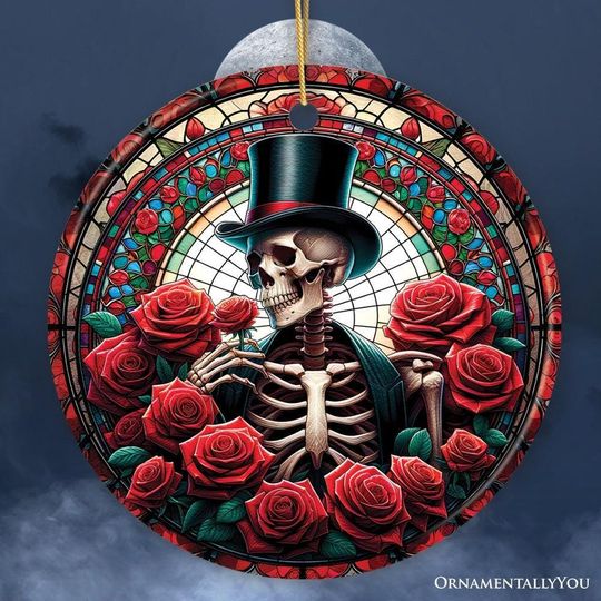 Discover Elegant Bones Top-Hat Skeleton with Roses Stained Glass Style Ceramic Ornament, Halloween Themed Christmas Gift and Decor