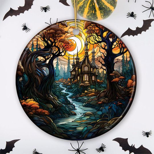 Discover Sinister Manor Haunted House Stained Glass Style Ceramic Ornament, Halloween Themed Christmas Gift and Decor
