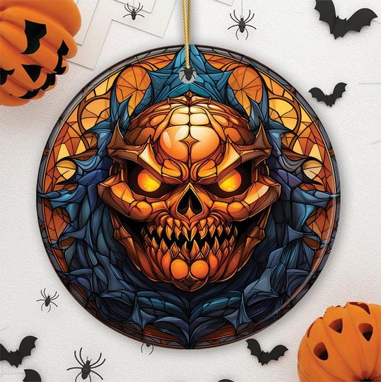 Pumpkin Skull with Glowing Red Eyes Stained Glass Style Ceramic Ornament