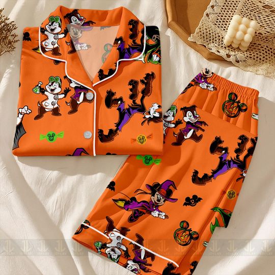 Discover Mickey Minniee Witch Dracula Donald Unisex Satin Pajamas Set, Spooky Season Pajamas , Long Sleeve And Short Styles