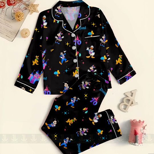 Discover Disneyland Castle 70th Pink Blue Purple Mickey Friends Unisex Satin Pajamas Set, Spooky Season Pajamas