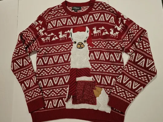 33 Degrees Womens Ugly Red Christmas Sweater Llama Glittery Pocket- Size XL