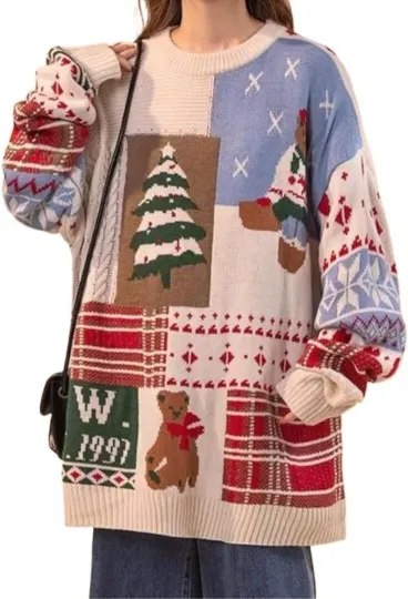 Christmas Ugly Sweater Oversized Patchwork Cute Women Large